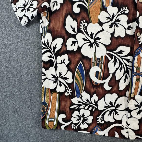 RJC Hawaiian Shirt Mens XL Bark Cloth Brown Hibiscus Surfboards Made in USA - Picture 9 of 11